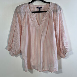 Chaps Pink Striped Blouse Women’s XL 3/4 Sleeve Split Neck Lightweight Casual